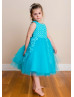 Beaded Turquoise Lace Tulle Tea Length Flower Girl Dress